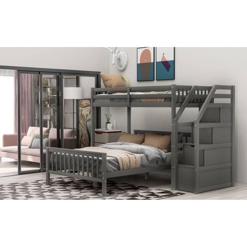Twin Over Full Loft Bed with Storage and Stairs, Space-Saving Design for Bedrooms