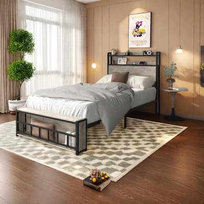Twin Size Platform Bed with Storage Headboard and Charging Station,RGB Remote-Controlled Lighting, USB/Type-C Ports