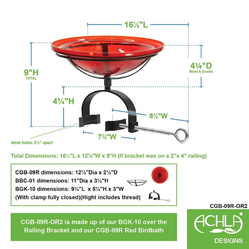 Achla Designs 12.5"Dia. Round Crackle Glass Birdbath w/Black Wrought Iron Over Rail Bracket