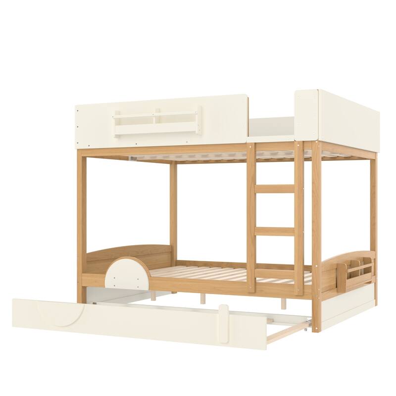Kids Bed Wooden Bunk Bed with Trundle and Built-in Storage Bookshelves
