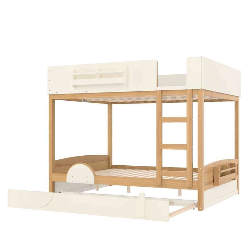 Queen/Full Bunk Bed with Trundle, Built-in Bookshelf & Safety Guardrail, Automobile Design