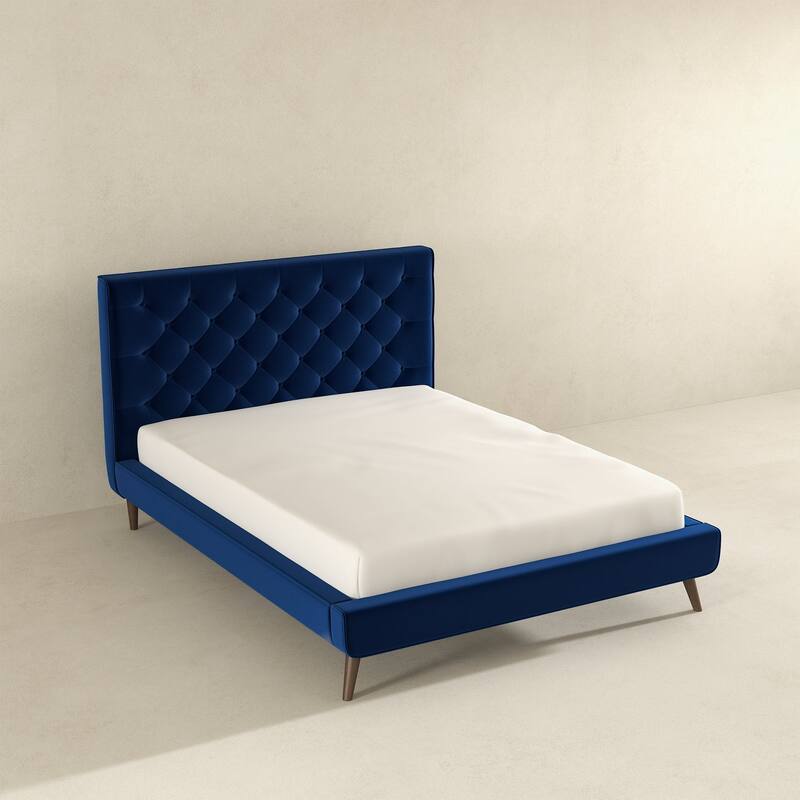 Queen Size Velvet Mid-Century Platform Bed with Tufted Headboard and Solid Wood Frame