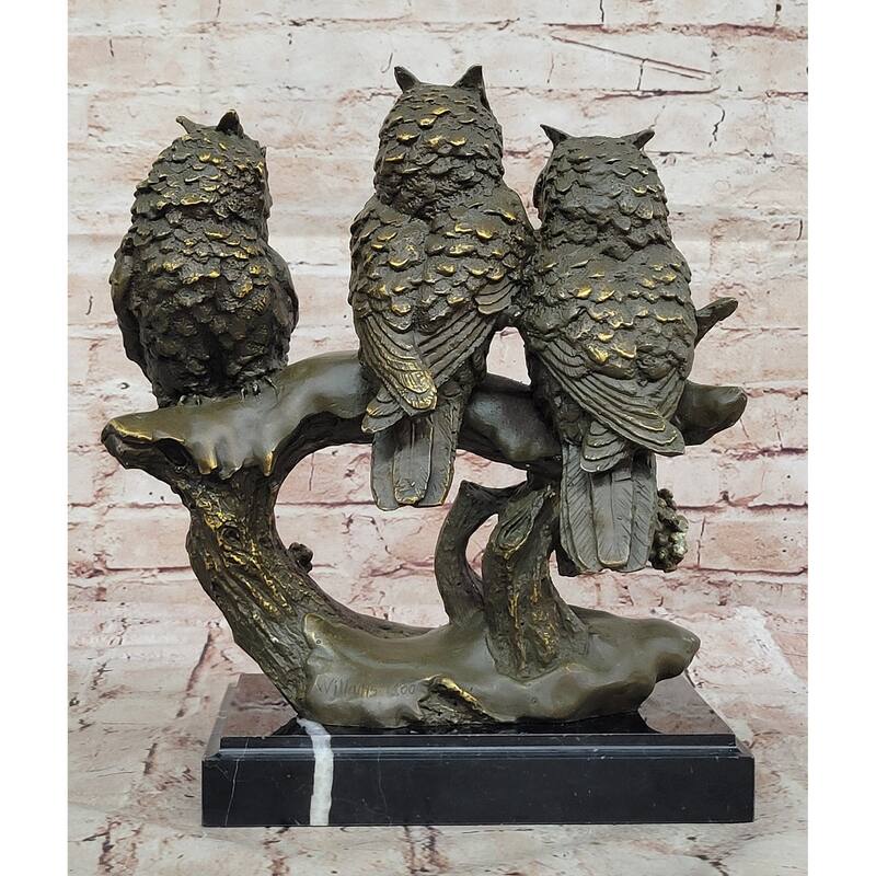 Bronze Owl Trio Sculpture – Wise Owls On Branch Statue Decor
