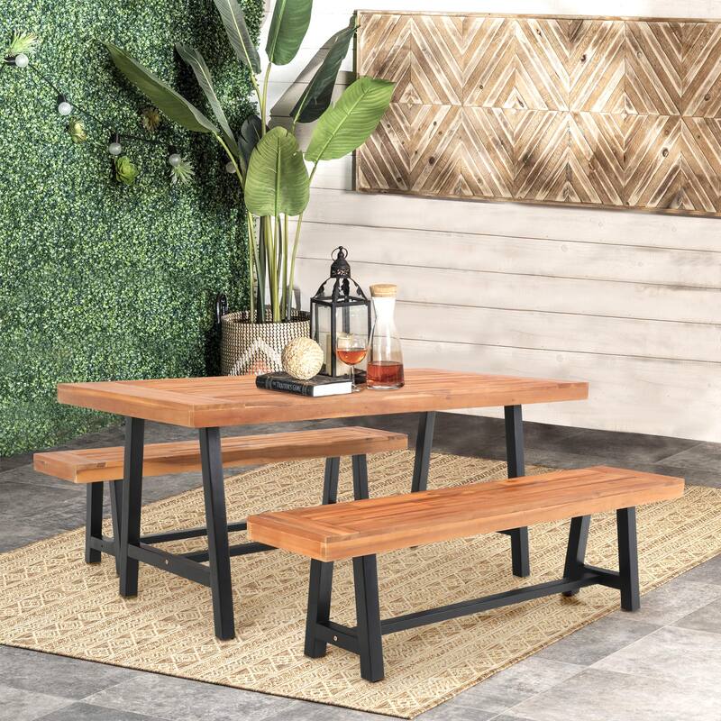 MAISON ARTS Sophia & William 3-Piece Patio Wooden Dining Set, 1 Wooden Table and 2 Wooden Benches - Natural/White