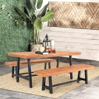 MAISON ARTS Sophia & William 3-Piece Patio Wooden Dining Set, 1 Wooden Table and 2 Wooden Benches