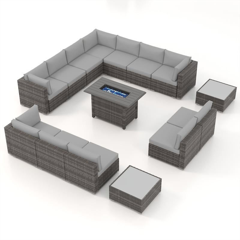 15 Piece Wicker Set Patio Sofa Furniture with Fire Pit And Table