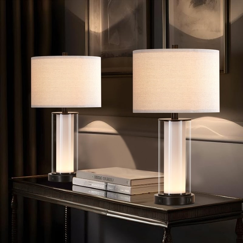 KAWOTI 23 inch Modern Glass Table Lamp Set with Night Light set of 2 Bronze