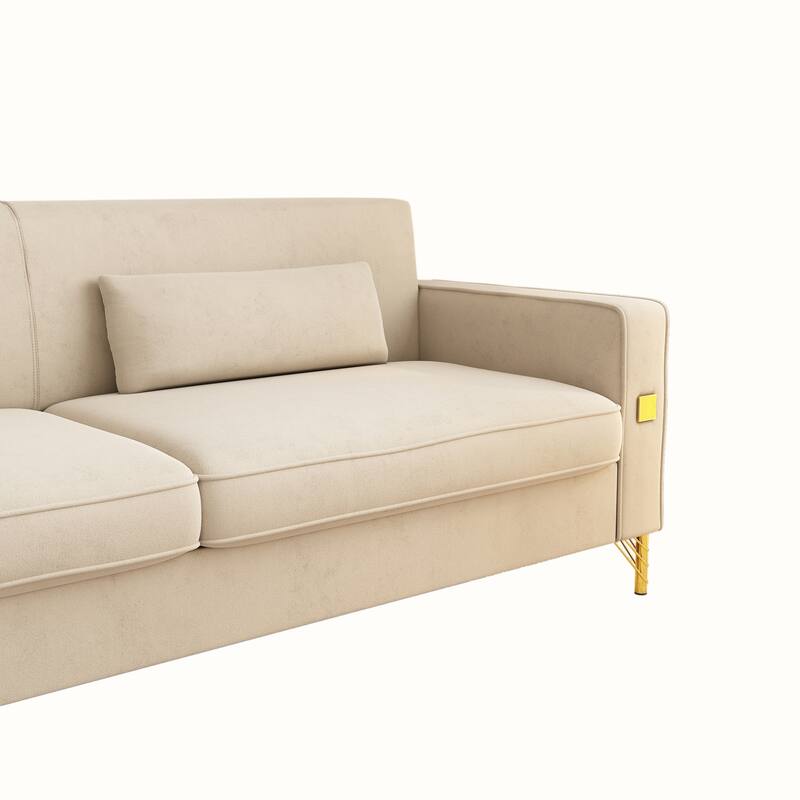 Roomfitters Mid-Century Modern Upholstered Sofa with Gold Metal Legs and Square Arms, Elegant Couch for Living Room