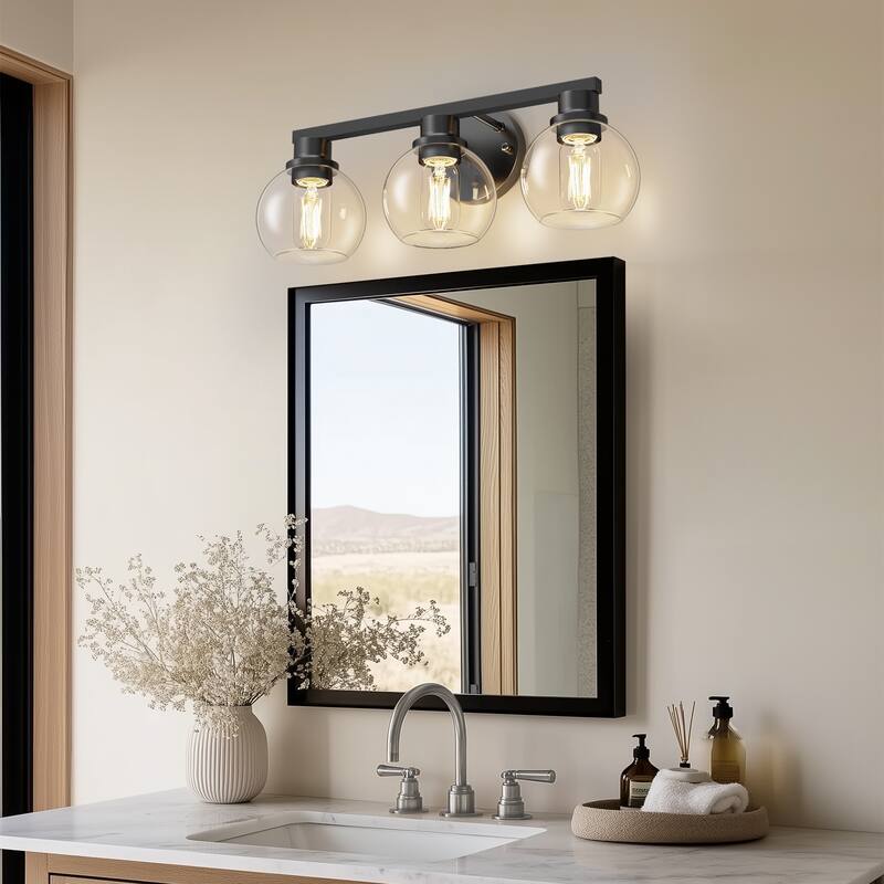 YANSUN 3-Light Vanity Light, All-Black Finish, E26 Sockets, Large Clear Glass Globe Shades - Black - 18.9*6.47*7.2