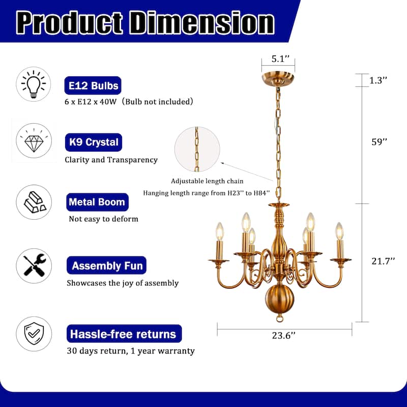 CraftHome Dimmable French Country Chandelier in Antique Brass Adjustable Vintage Candle Style Pendant Lighting for Dining Room