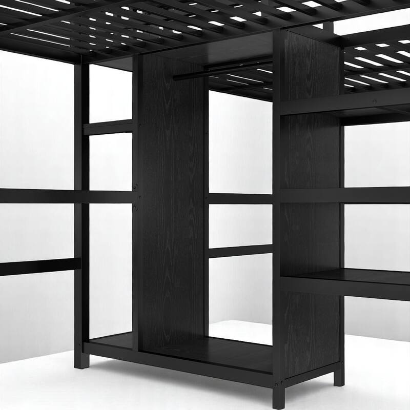 Twin Over Twin Metal Loft Bed with Dual Desks, Wardrobe, Charging Ports & Storage Shelves, Space-Saving Design for Kids & Teens