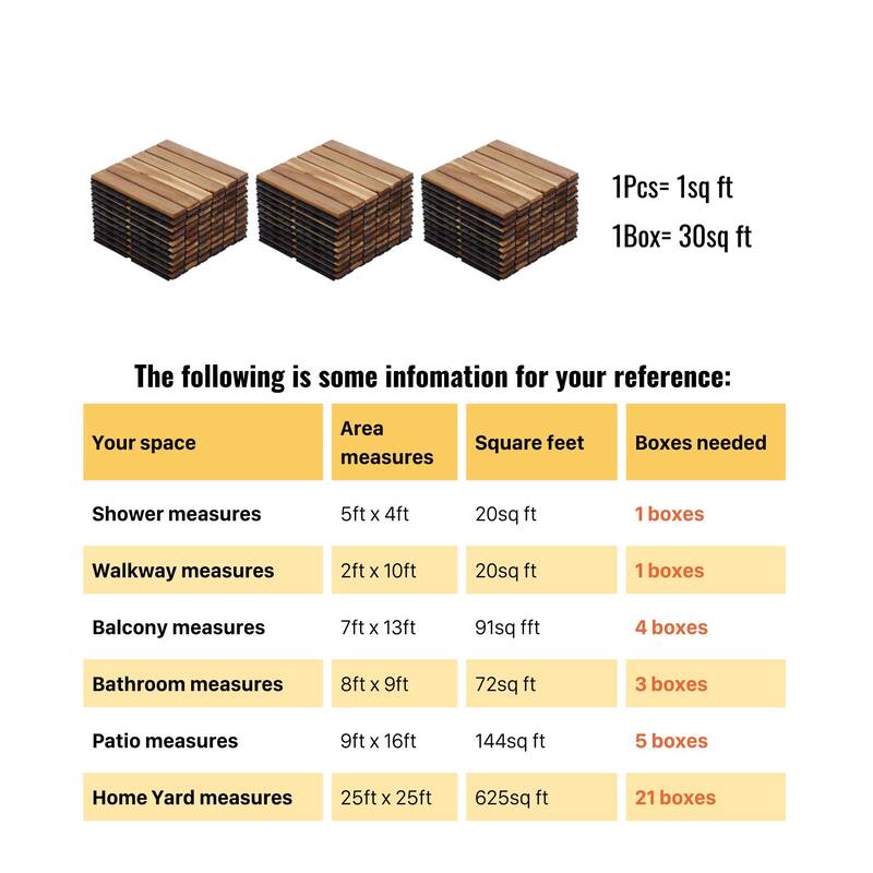 30 PCS Interlocking Deck Tiles Striped Pattern, 12" x 12" Square Acacia Hardwood Outdoor Flooring for Patio, Bancony, Pool Side