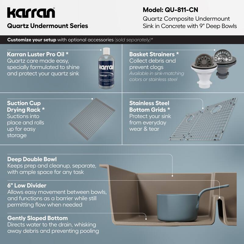 Karran Undermount Large/Small Bowl Quartz Kitchen Sink - 32" x 21.25" x 9" - 32" x 21.25" x 9"