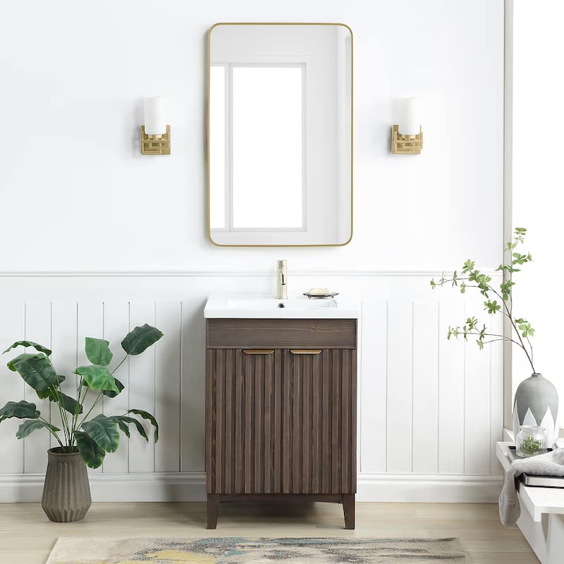 Palos Single Bath Vanity with Ceramic Basin Top and Mirror - 24in. - Spruce Aged Brown