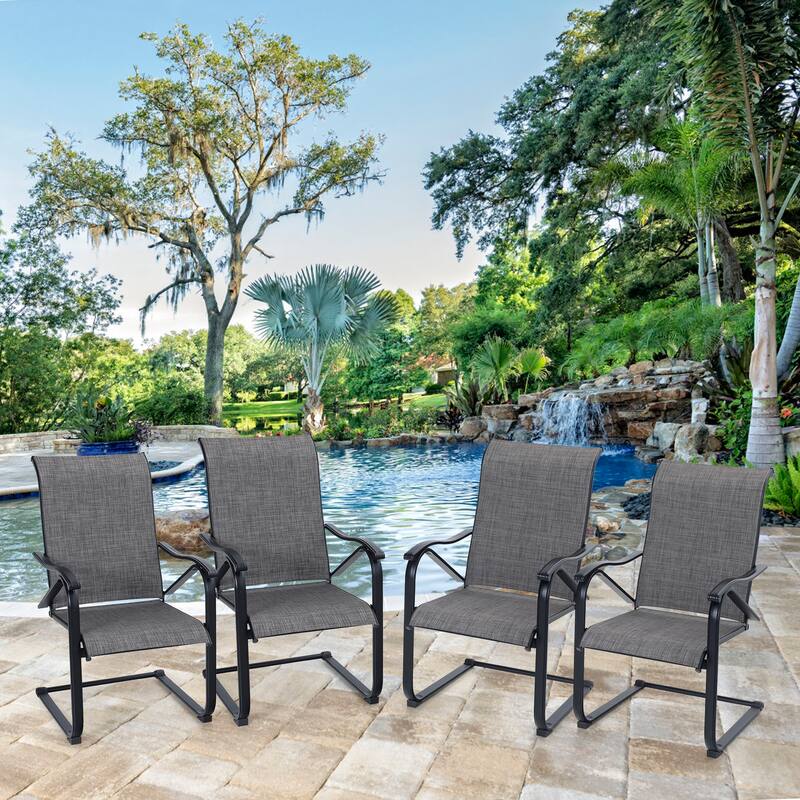 4-piece Outdoor C Spring Rocking Armchair Patio Sling Metal Dining Chairs - Tan