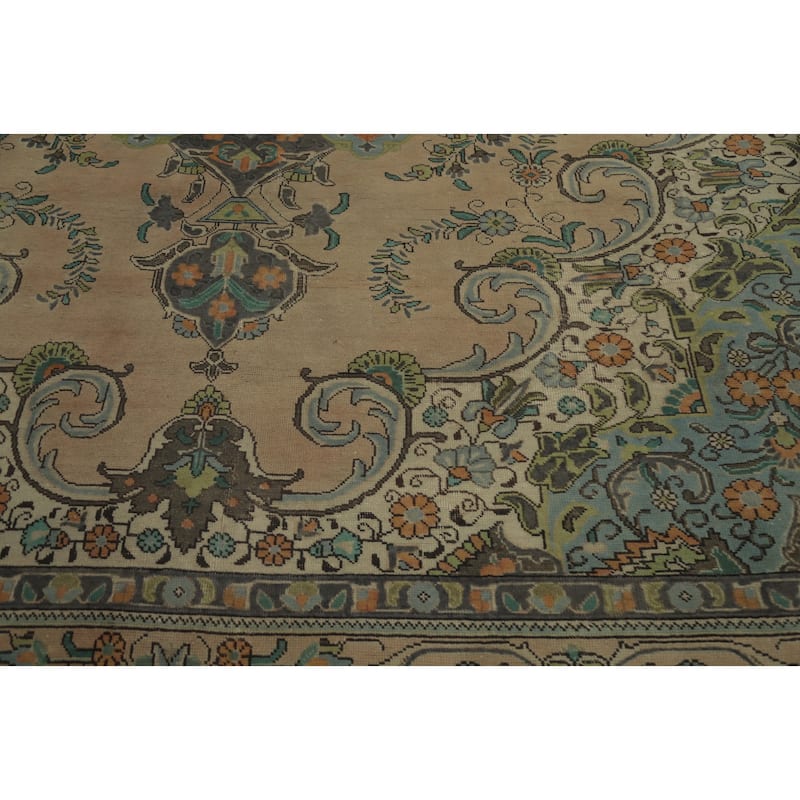 Hand Knotted Oriental 100% Wool Carpet Traditional Floral Beige & Ivories Tabriz Area Rug - 12' 9'' X 9' 8''