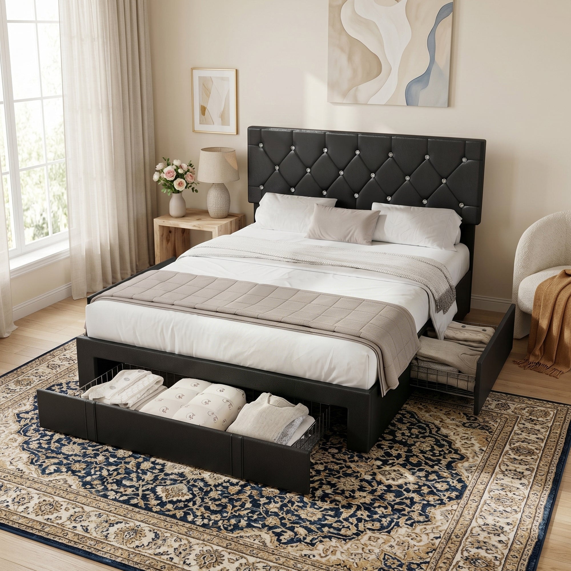 VECELO Bed Frame with Storage Drawers Leather Upholstered with Diamond Tufted Headboard Solid Wood Slat Support