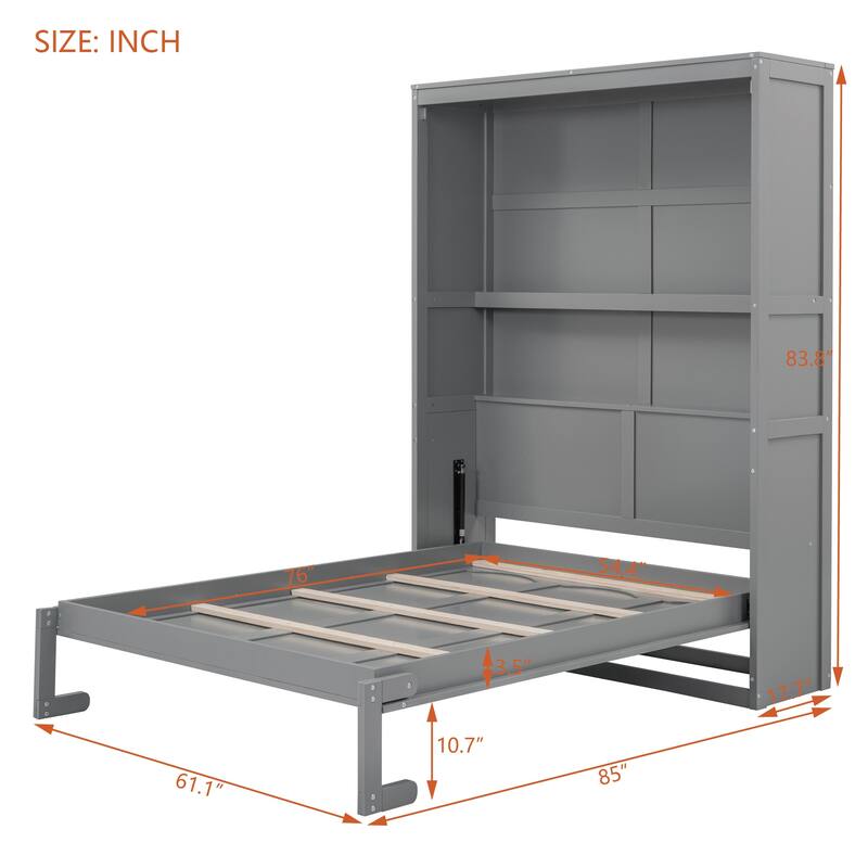 Murphy Bed Wall Beds with Storage Shelves Hide Away Platform Bedframe Easily Folds into Wood Cabinet, Noise Free