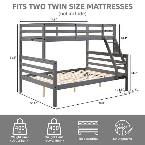 dimension image slide 3 of 4, Twin Over Full Bunk Bed,Solid Wood Frame,High Guardrail,Safe for Kids