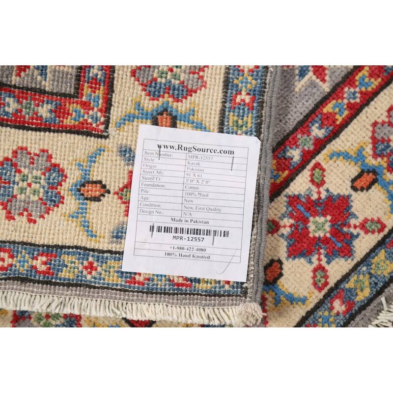 Gray Kazak Oriental Foyer Rug Hand-Knotted Wool Carpet - 2'0" x 3'0"