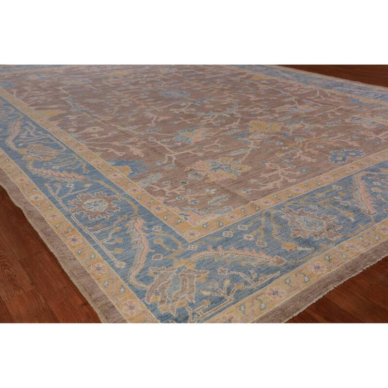Hand Knotted Oriental 100% Wool Carpet Transitional All-Over Brown Oushak Area Rug - 12' 4'' X 9' 5''