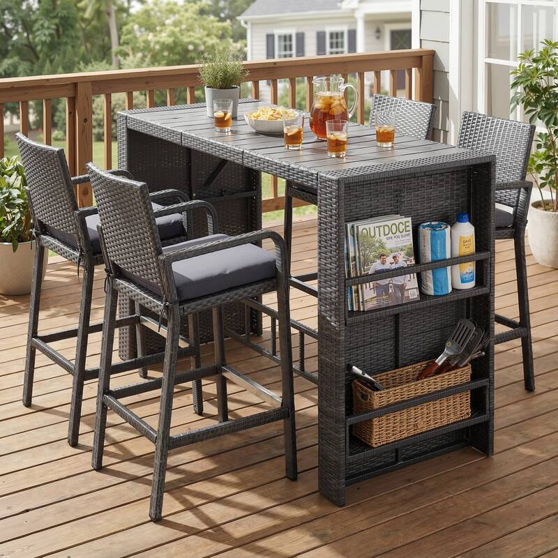 5/7-Piece Outdoor Wicker Bar Height Patio Dining Set, PE Rattan High Top Table with Storage & Bar Stool - 5 PCS-Dark Grey