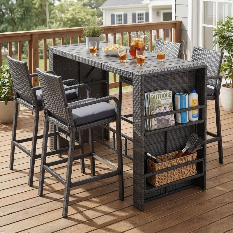 5/7-Piece Outdoor Wicker Bar Height Patio Dining Set, PE Rattan High Top Table with Storage & Bar Stool
