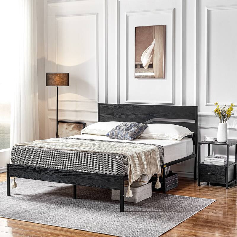 3-pieces Bedroom Set Platform Bed Frame Set of 2 Nightstands with Charging Station USB Port