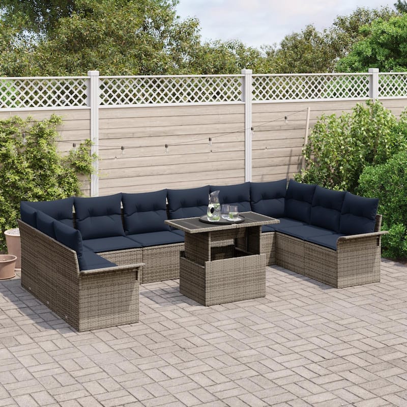 vidaXL 11 Garden Sofa Set with Cushions Black/Brown/Grey Poly Rattan - 135.4 x 73.8 x 27.2