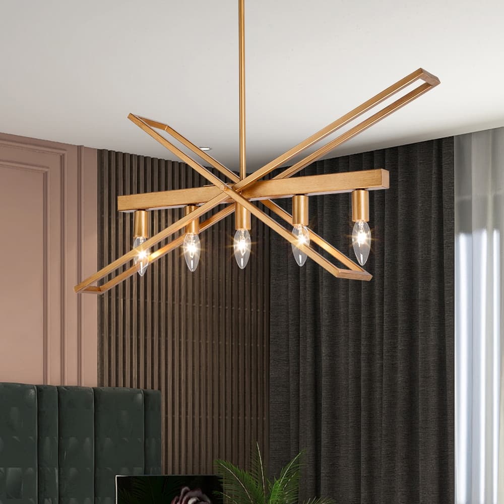 Modern Glam Geometric Chandelier Brushed Gold Ceiling Lighting for Kitchen Island Dining Room Entryway - L25.6" *W8.2" * H18"