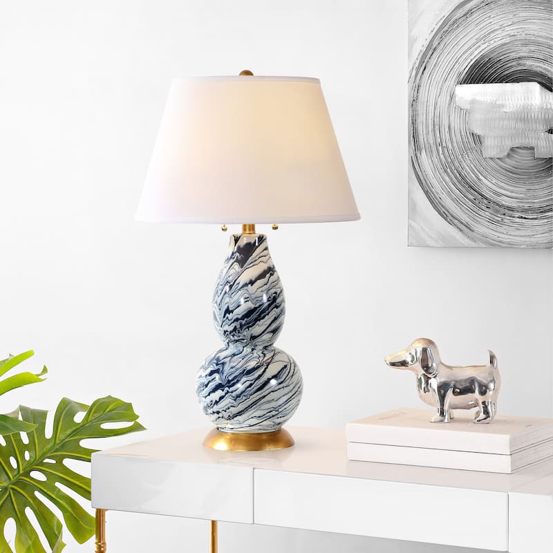 SAFAVIEH Lighting 29-inch Navy and White Color Swirls Glass Table Lamp (Set of 2) - 17"x17"x28"