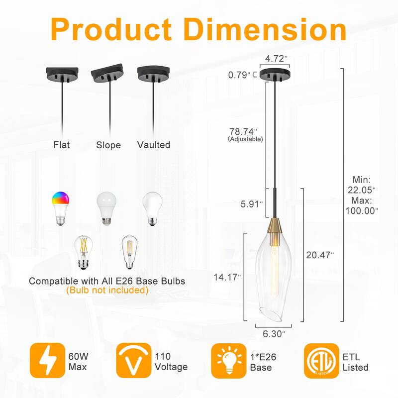 1-Light Pendant Light with Angled-Rim Clear Olive Glass Shade - Dia.6.3-in