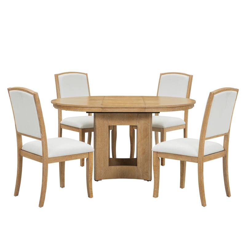 Extendable Round Dining Table Set for 4, 5-Piece Kitchen Table Set with 4 Upholstered Chairs and 16inch Removable Leaf