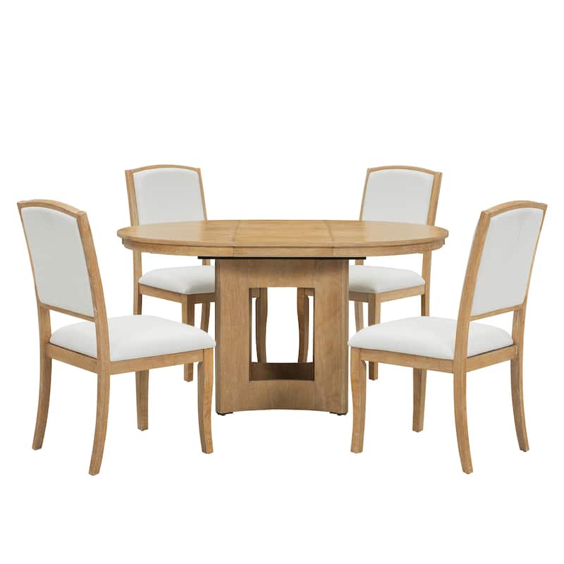 Roomfitters 5-Piece Extendable Round Dining Table Set, Farmhouse Kitchen Table with 16" Leaf and 4 Chairs