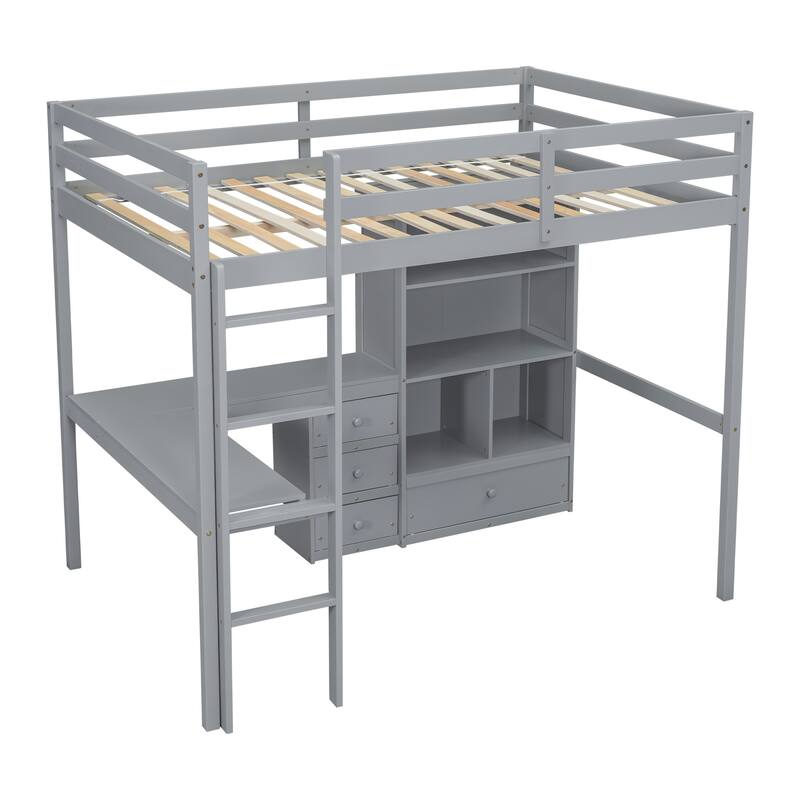 Full Size Loft Wood Bed with Desk, Storage Shelves, Drawers, and Built-in Ladder, Grey