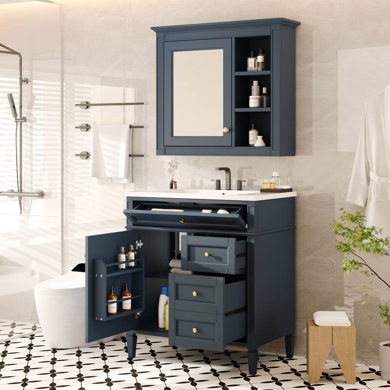 30'' Bathroom Vanity Set with Mirror Cabinet, Freestanding Bathroom Storage Cabinet with 2 Drawers and a Tip-out Drawer