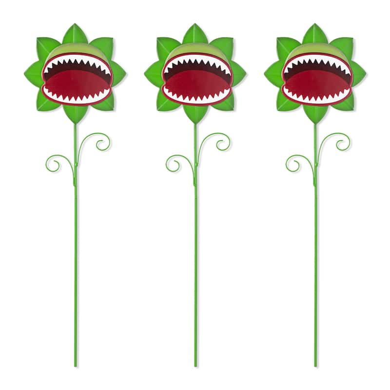 Glitzhome Set of 3 Halloween Metal Sunflower Skulls Glow-in-Dark or Chomper Pathway Yard Stakes - 3-Piece Chomper
