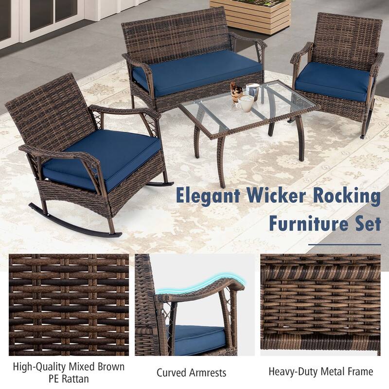 Gymax Set of 4 Wicker Rocking Set w/ Loveseat & Coffee Table