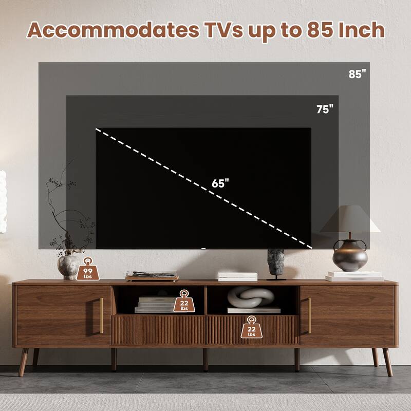 Roomfitters 78 Inch TV Stand for TVs up to 85 Inch, Walnut Media Console with Soft-Close Doors, Open Shelf & Wood Legs