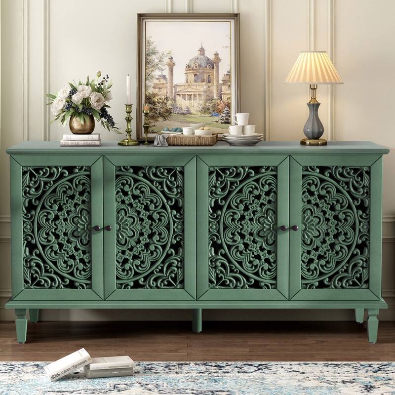 60" Antique Buffet Sideboard with Floral Carvings Solid Wood Legs and Adjustable Shelves for Versatile Storage - Antique Green