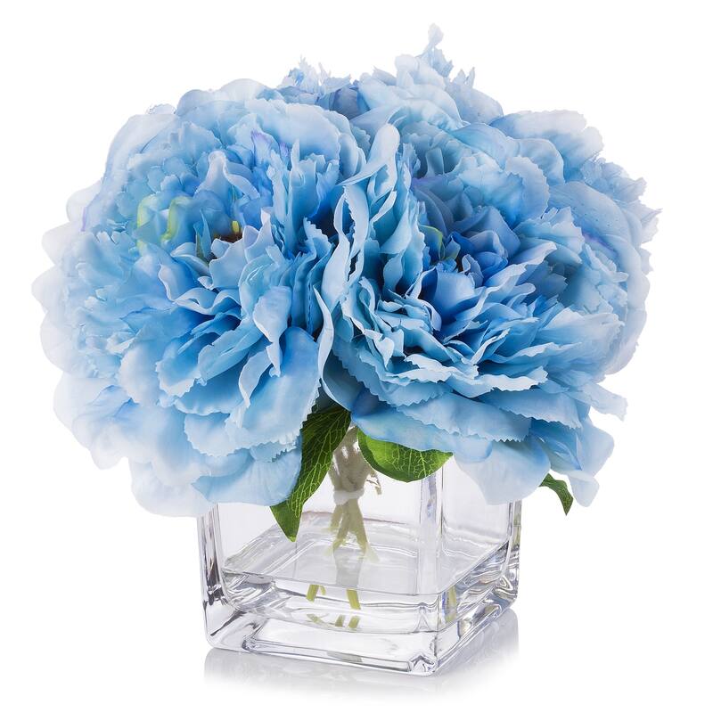 Enova Home Artificial Silk Peony Fake Flowers Arrangement in Cube Glass Vase with Faux Water for Home Wedding Decoration - N/A - Blue