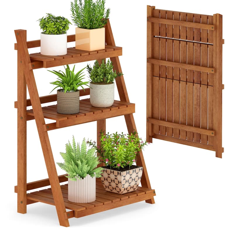 Natural Solid Wood 3-Tier Ladder Plant Stand Foldable Display Rack - 24" x 15" x 34"
