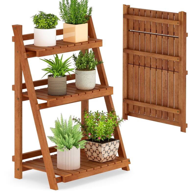 Gymax 3-Tier Wood Plant Stand Folding Flower Rack w/Ladder Design - Brown