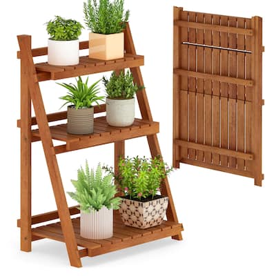 Gymax 3-Tier Wood Plant Stand Folding Flower Rack w/Ladder Design
