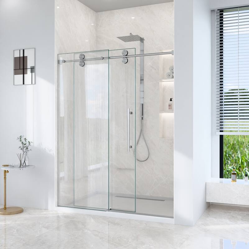 GDFStudio - Modern America Design Frameless Single Sliding Shower Door with 5/16" SGCC Tempered Glass & Stainless Steel Hardware