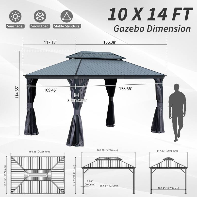 Domi 10x14FT Resin Hardtop Gazebo with Drainage Gutter, 2025 Upgraded Outdoor Metal Gazebo Canopy with Double Roof