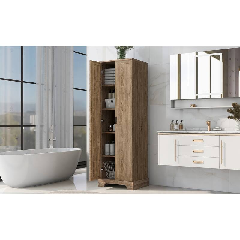 2 Door Bathroom Storage Cabinet 71" Tall Wooden Bathroom Cabinet w/ Adjustable Shelves Bathroom Floor Cabinet Storage Unit