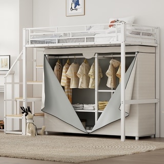 Twin Size Metal Loft Bed with Wardrobe and Storage Shelves, White