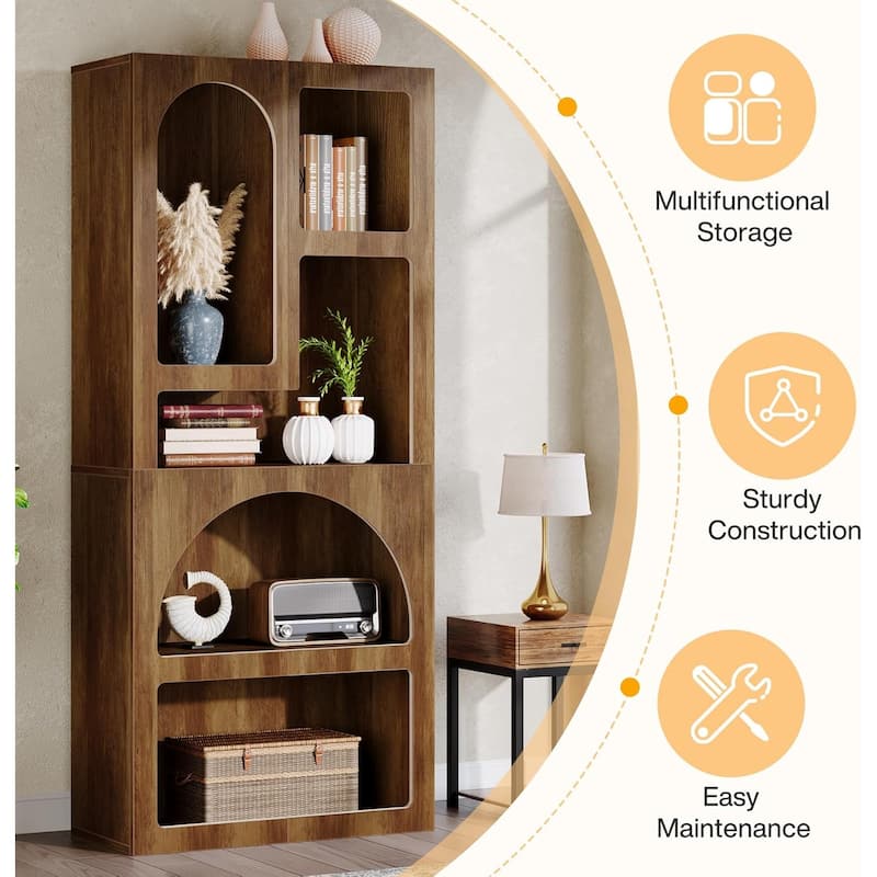 Modern 70" Tall Geometric Bookshelf, Arched Bookcase with 5 Irregular Storage Shelves