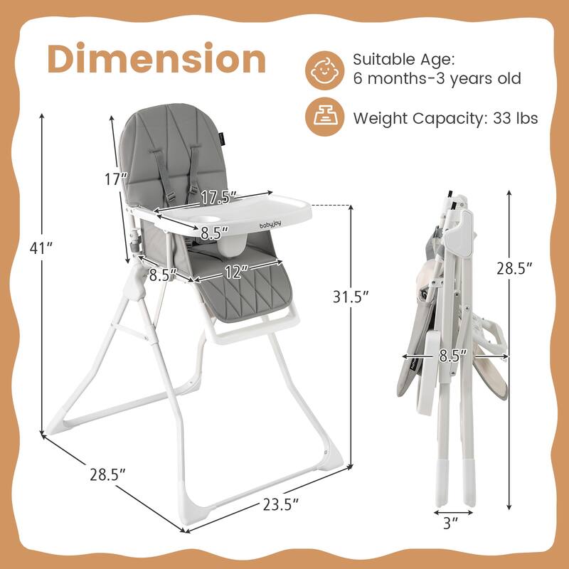 3-in-1 Foldable Baby High Chair with Tray and Footrest Adjustable Footrest Lightweight Waterproof PU Cushion